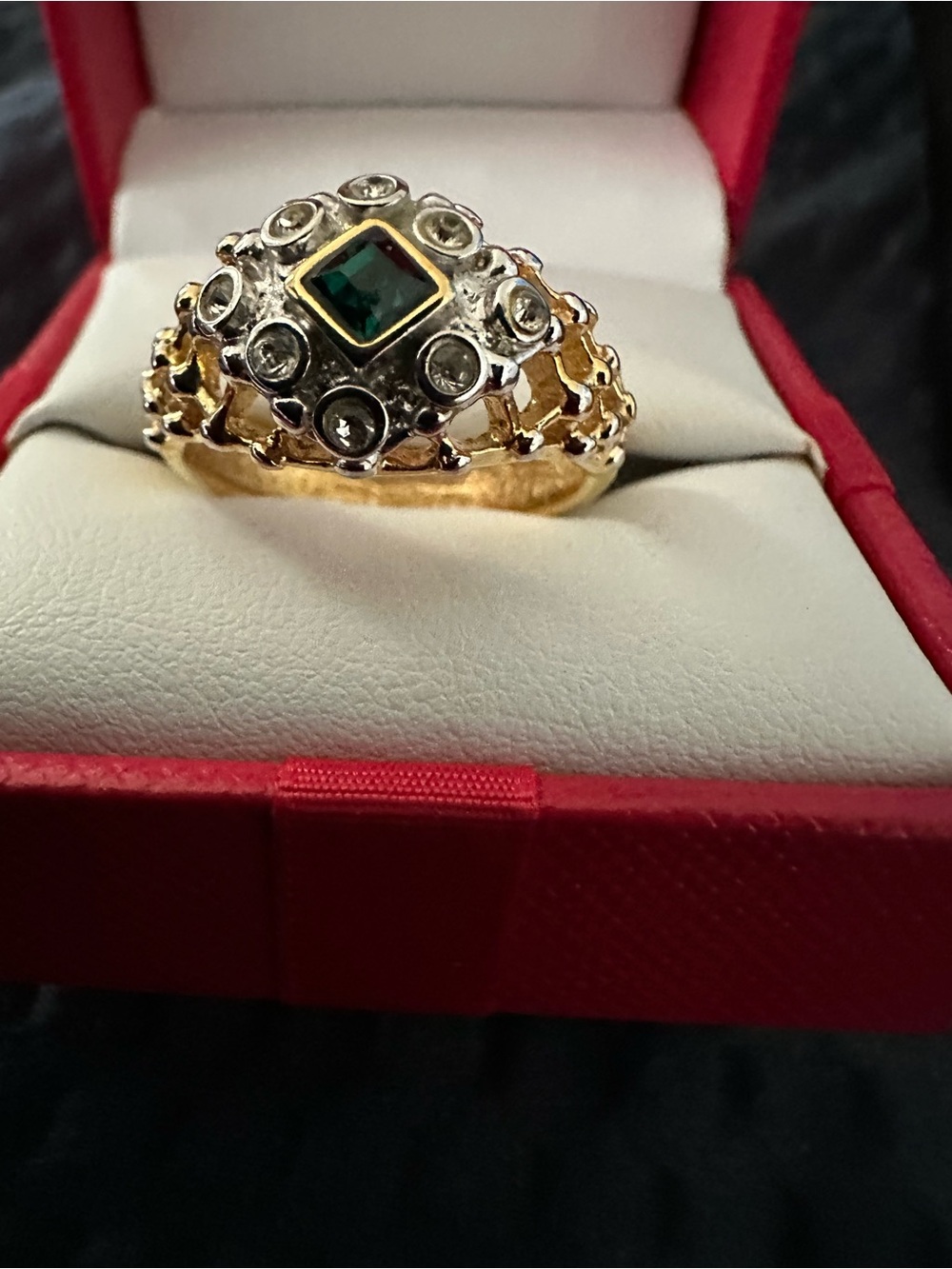 Gold-Tone Ring with Emerald Green Center and Clear Accents